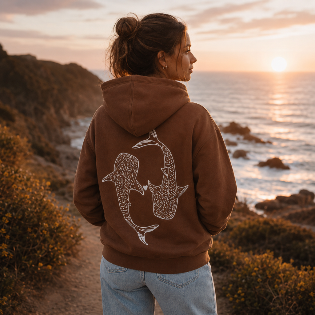 Woman wearing a brown hoodie while looking over the ocean at sunset