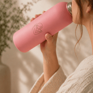 Pink reusable drink bottle held in soft natural light