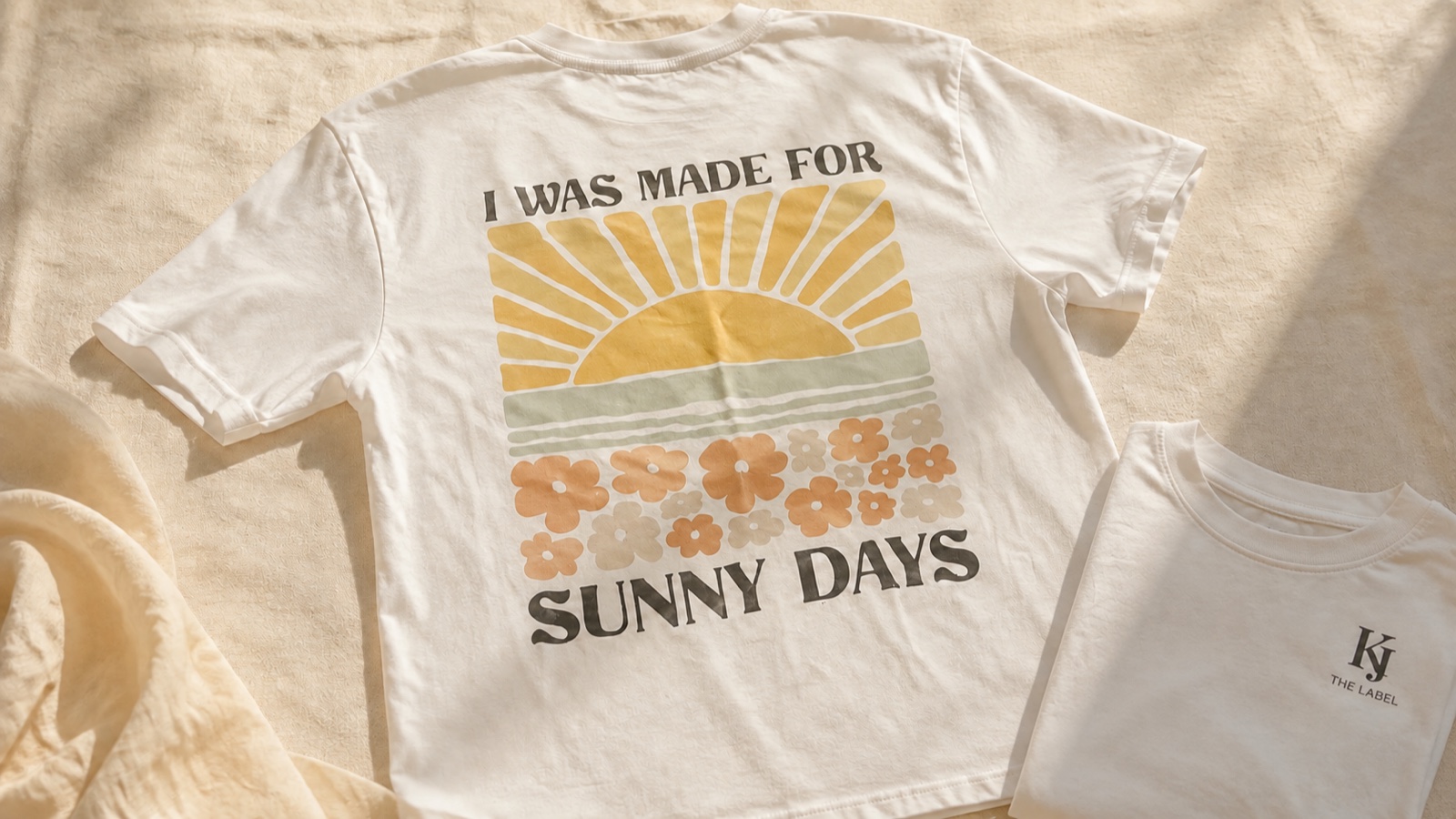 KJ The Label Sunny Days T-shirt shown front and back in a warm coastal flat lay