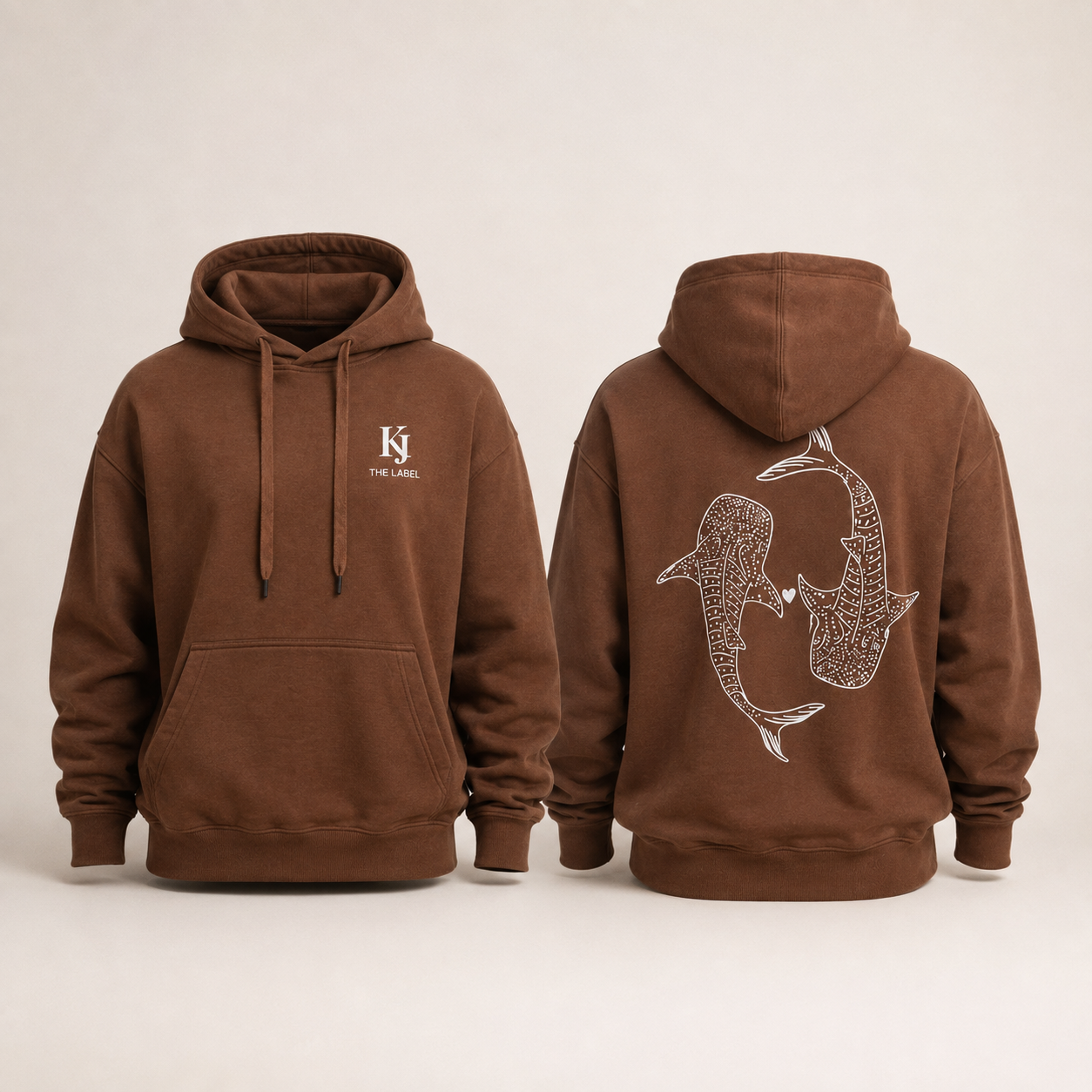Brown KJ The Label Whale Shark Hoodie shown from the front and back