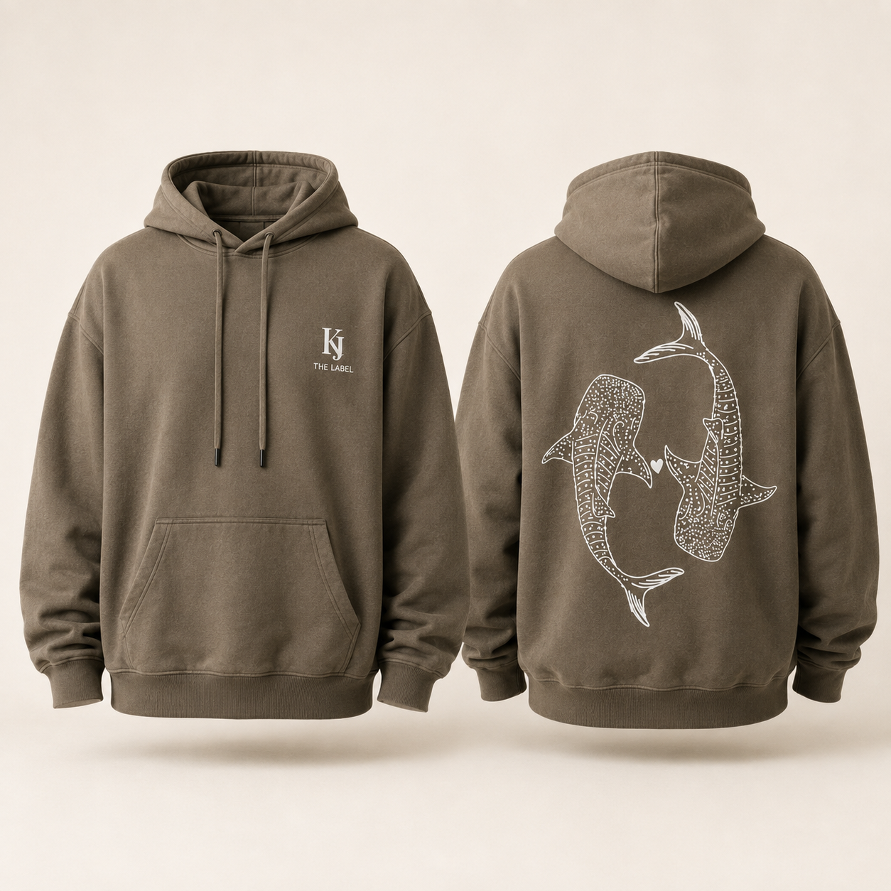 Khaki green KJ The Label Whale Shark Hoodie shown from the front and back